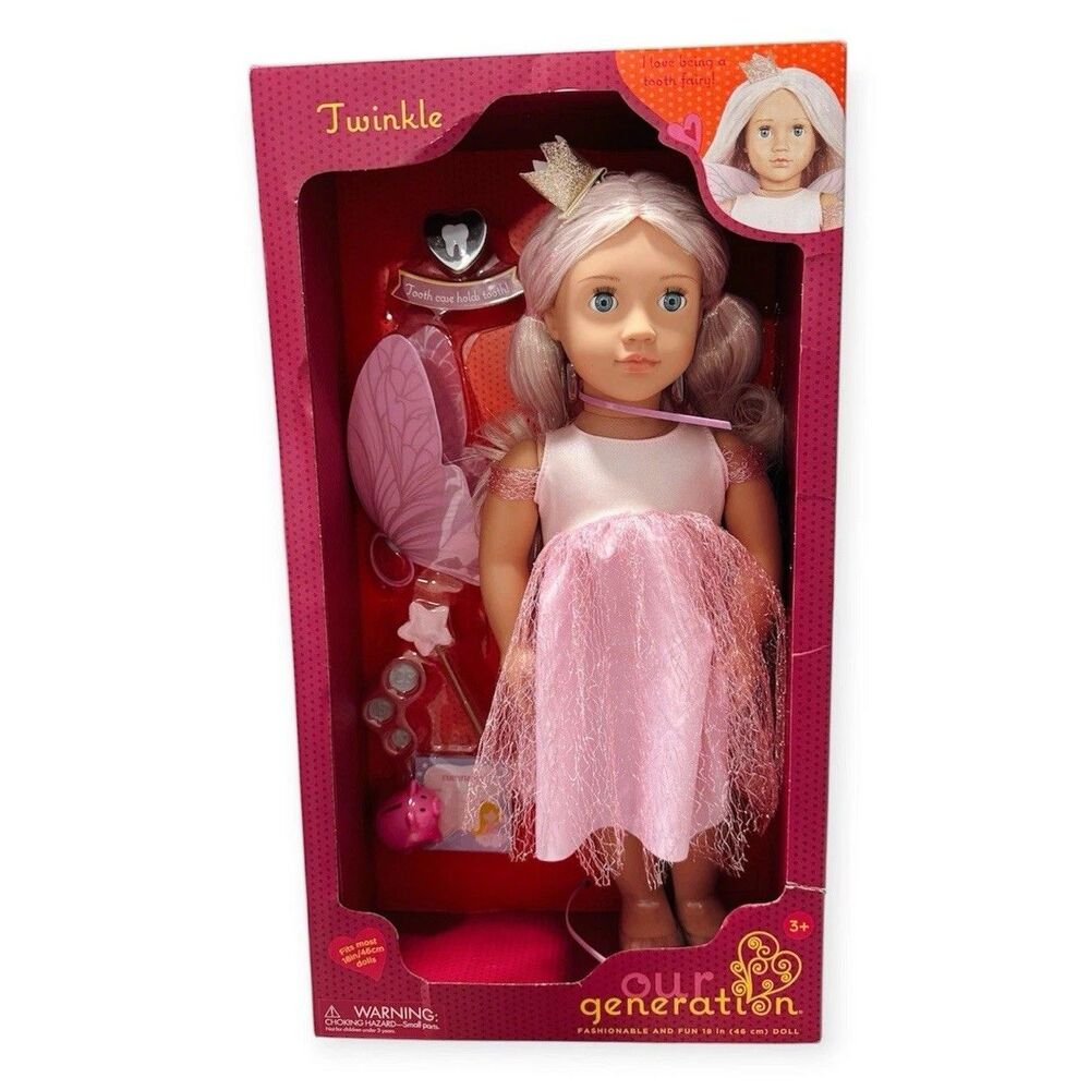 Our Generation Twinkle 18" Doll Tooth Fairy w/Pink Hair, Wand, Wings, Piggy Bank